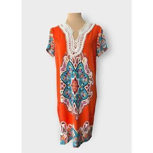 Melissa Paige Women’s Mulicolor Paisley on Orange Dress with Embroidered Detail